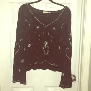 Hinge Black Long Sleeve shirt W/ Flower Embroidery